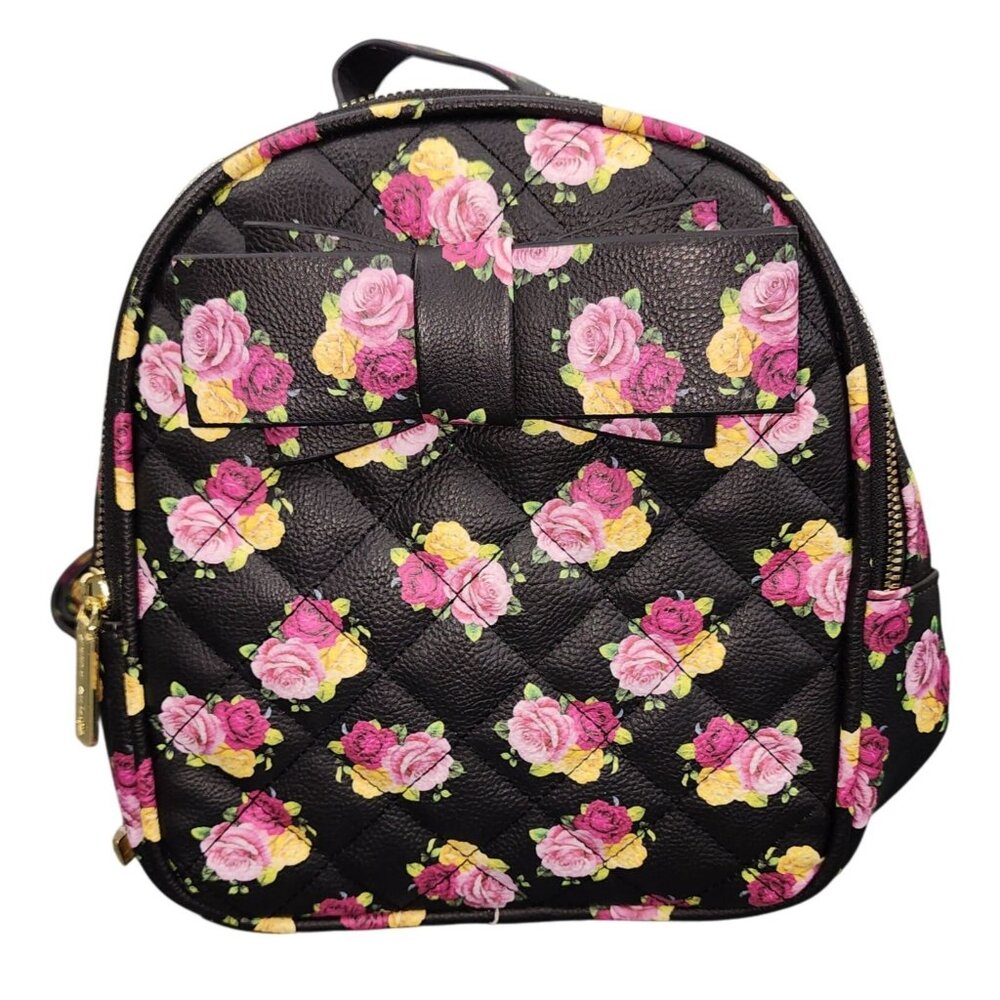 NWOT Betsey Johnson Black Floral Rose Quilted Bow Mini Backpack Purse Handbag